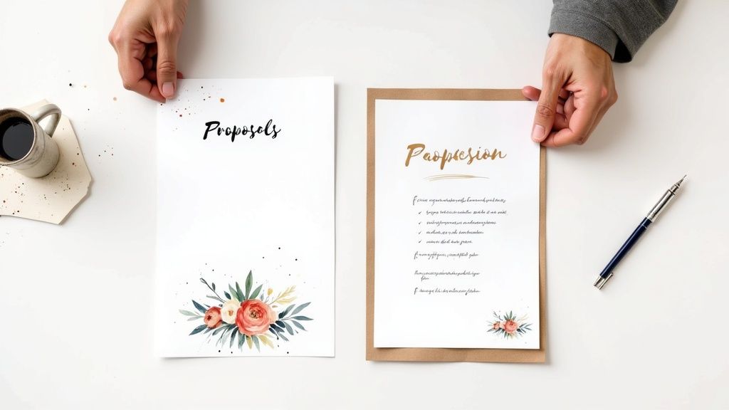 A florist reviews a detailed floral proposal on a clipboard in a sunlit studio.