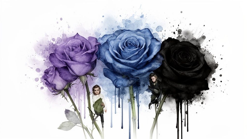 A watercolor painting featuring purple, blue, and black roses with small figures.