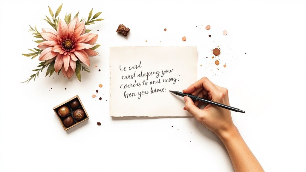 A hand writes a heartfelt message on a rustic card, surrounded by flowers and chocolates.