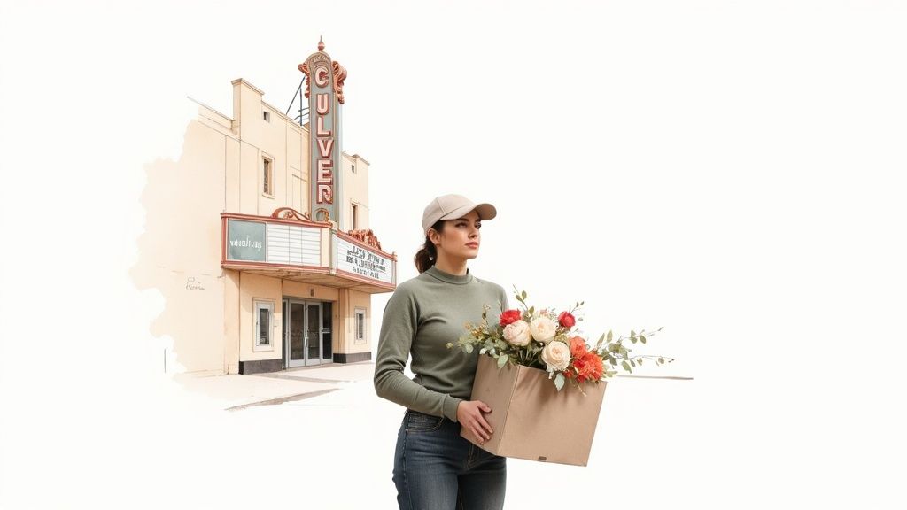 A vibrant, artistic flower arrangement in a modern vase, set against a blurred city background.