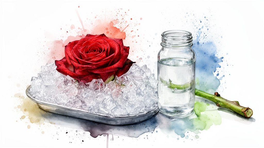 A vibrant red rose on ice in a tray, next to a jar of water and a green rose stem, in watercolor style.