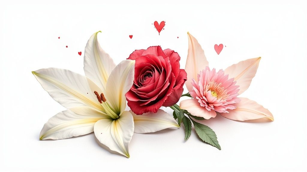 White flowers in a sympathy arrangement.