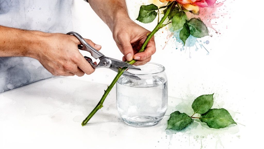 A person's hands trim the stem of a vibrant rose with scissors over a glass of water, with a watercolor art style.