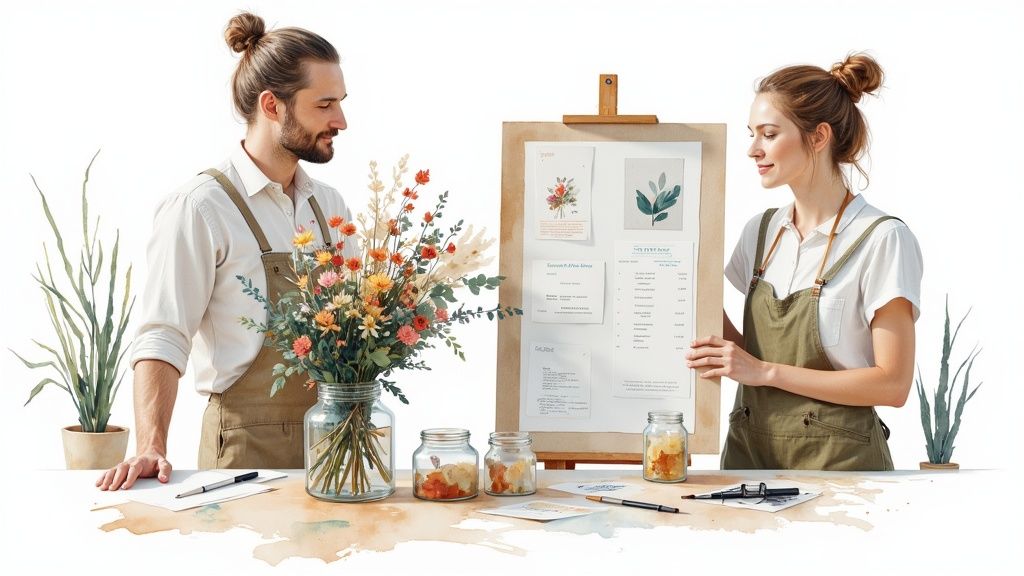 Two people in a consultation with a florist, looking at a mood board and flower samples