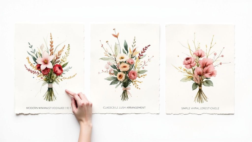 A beautiful floral arrangement with a mix of roses and other blooms in a stylish vase, sitting on a table.