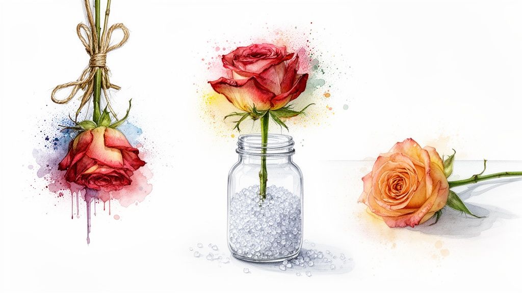 Three watercolor illustrations of roses: one hanging, one in a jar, and one lying down.