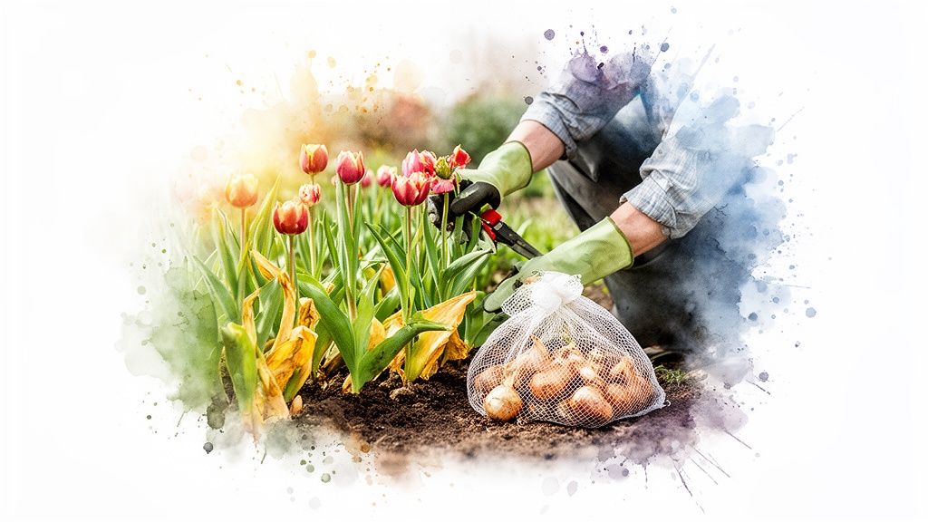 A person in green gloves tends to vibrant red and yellow tulips in a garden, with a bag of bulbs.