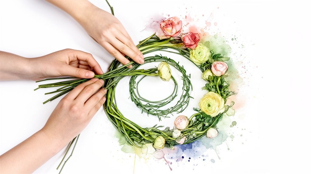 Two pairs of hands crafting a spiral floral wreath with watercolor-style pink and yellow ranunculus flowers.