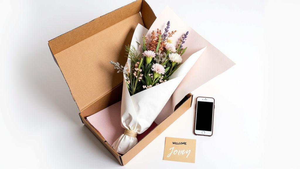 A person carefully unboxing their first weekly flower delivery subscription bouquet.
