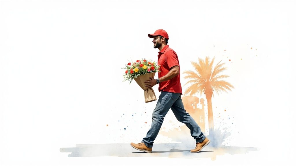 A smiling man in a red shirt and cap walks with a vibrant bouquet of flowers.