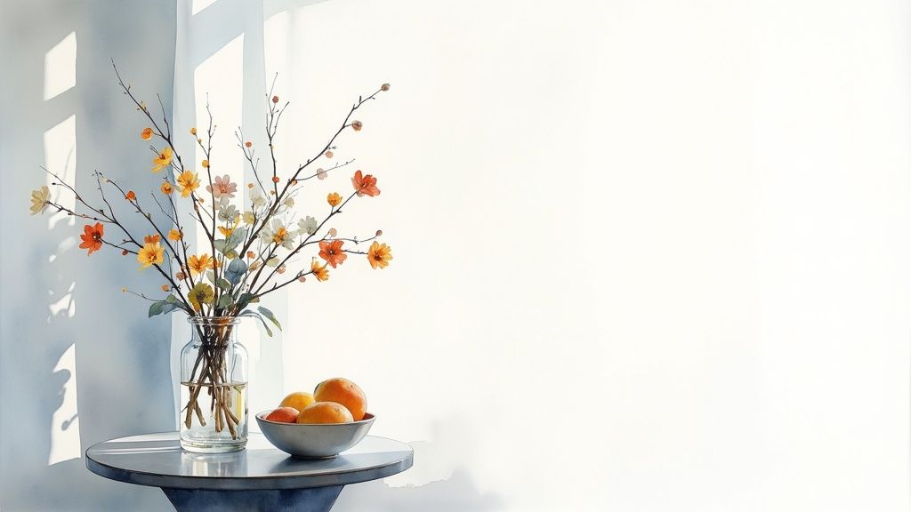 Autumn flower arrangement in glass vase with oranges on round table in sunlit room