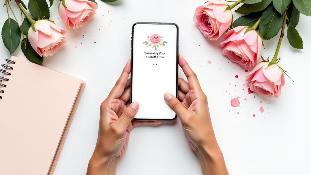 Two hands holding a smartphone with a floral app, surrounded by pink roses and a notebook on a white surface.