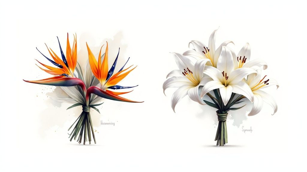 Two vibrant bouquets, one of orange Bird of Paradise and one of white lilies, on a white background.