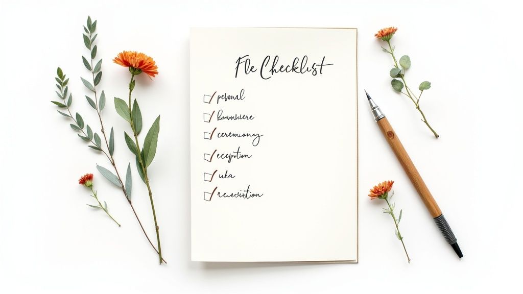 A detailed list of wedding floral items being checked off on a clipboard.