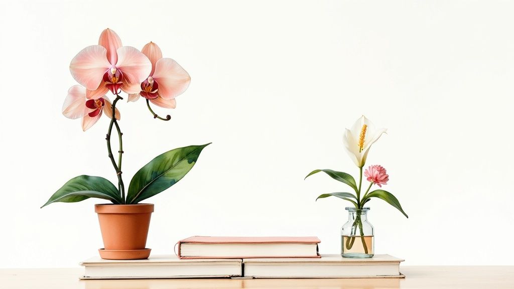 Pink orchid in terracotta pot and white flowers in glass vase on books