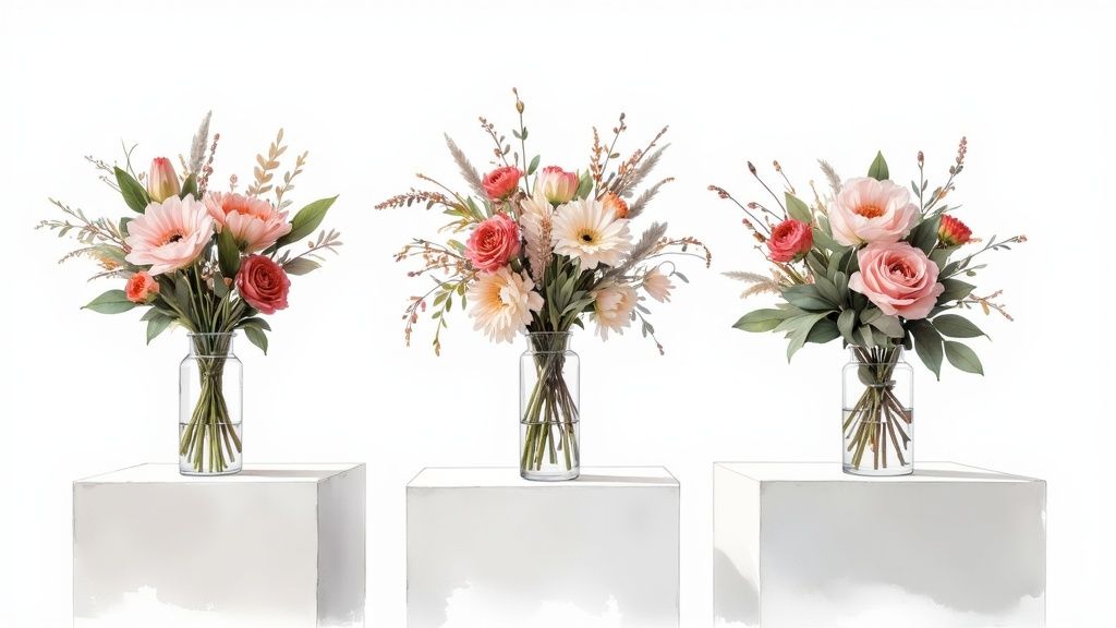 A stunning, artistically arranged floral bouquet by Fiore, showcasing a mix of vibrant and pastel colors in a modern setting.