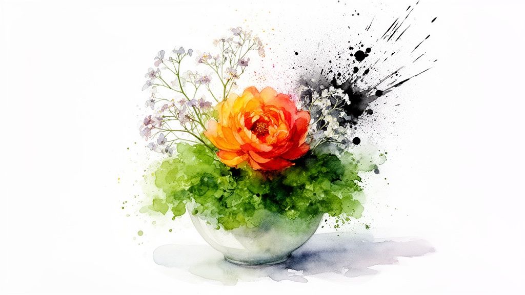 Vibrant watercolor painting of an orange flower in a bowl with green foliage and black paint splatters.