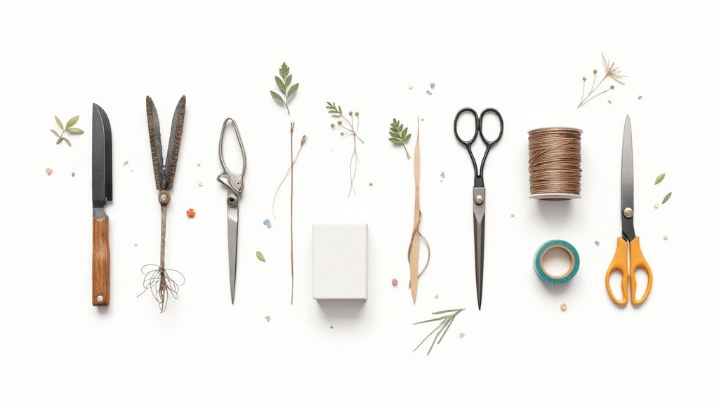 Flat lay of crafting tools, including knives, scissors, twine, and natural elements on a white background.