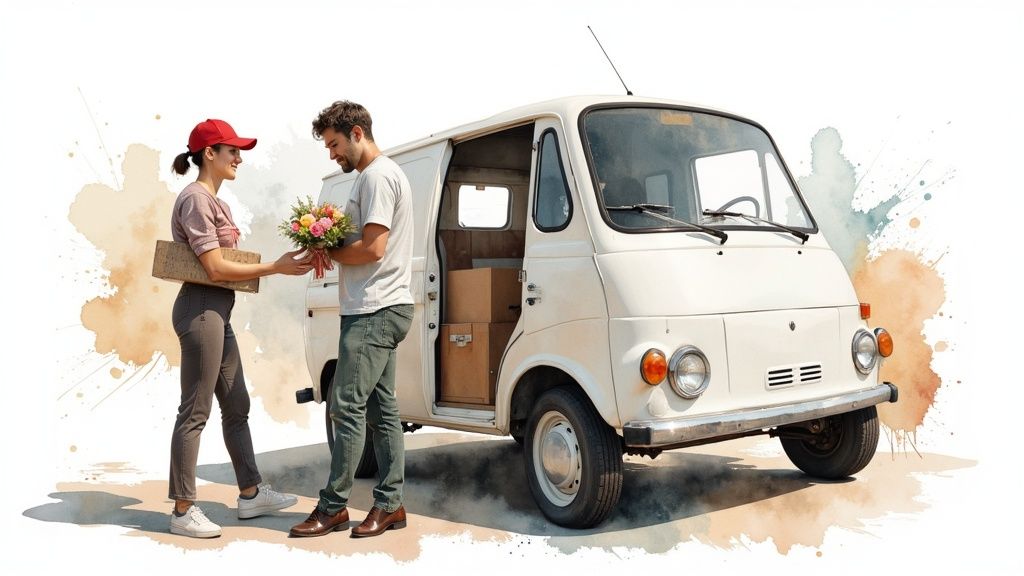 A delivery person handing a beautiful bouquet of flowers to someone at their front door.