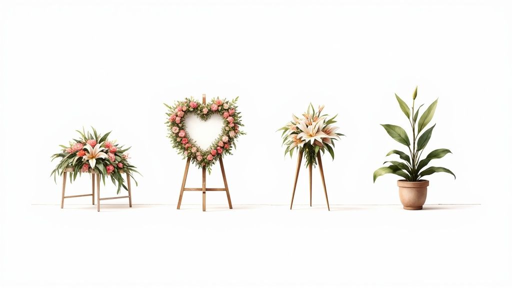 A beautiful funeral flower arrangement with white lilies and roses