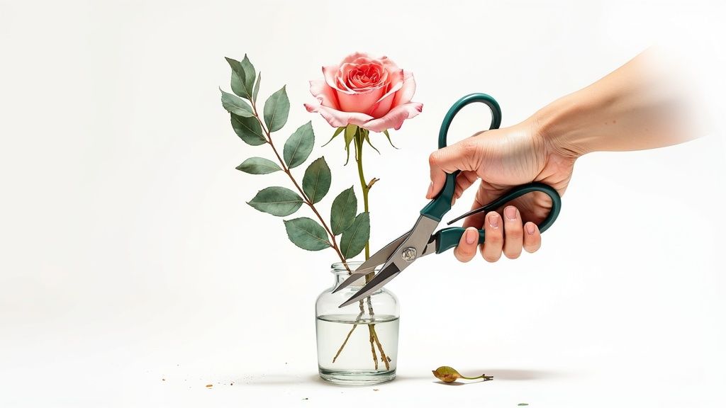 Hand holding scissors cutting fresh rose stem with eucalyptus in glass vase
