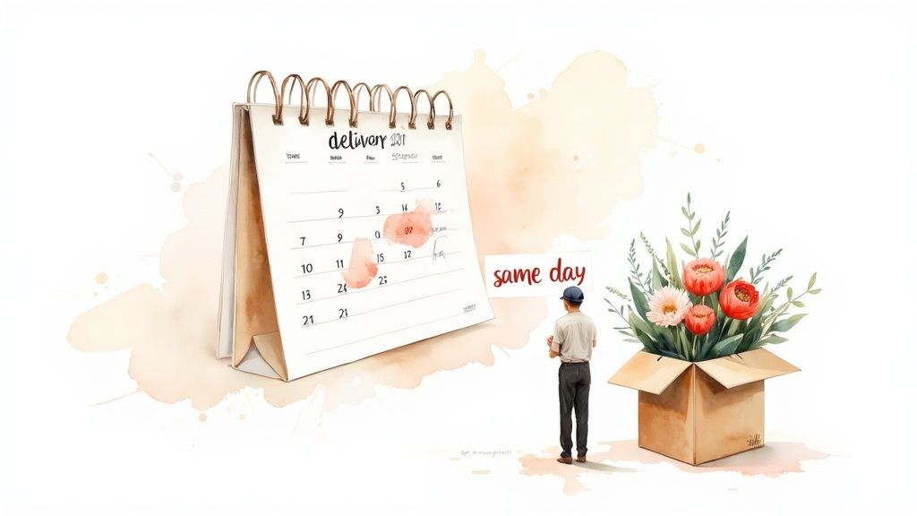 A delivery person carefully handing a vibrant bouquet of fresh flowers to someone at their front door.