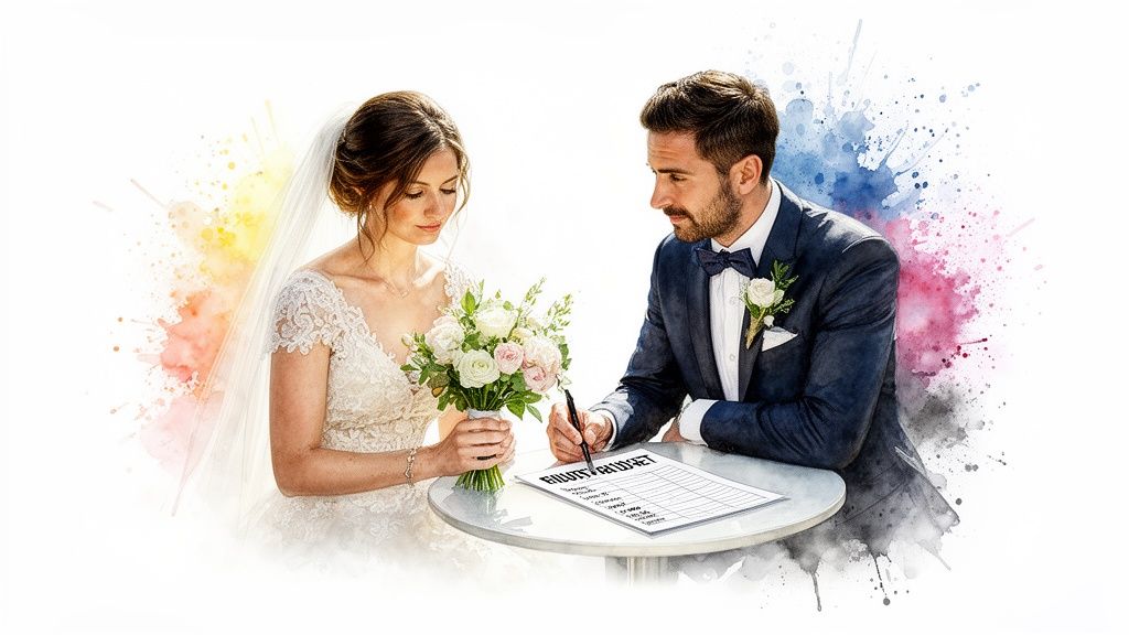 Bride and groom in watercolor style, signing a wedding document at a table with a floral bouquet.