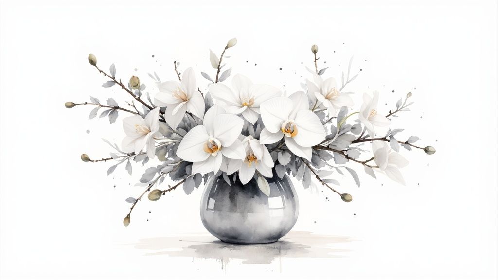 Elegant white orchid and magnolia flower arrangement in gray ceramic vase with delicate branches