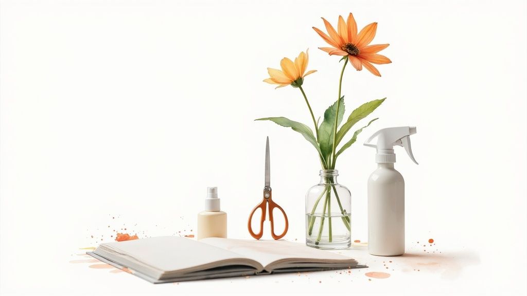 Minimalist office desk setup with orange flowers in glass vase, open notebook, scissors and spray bottle