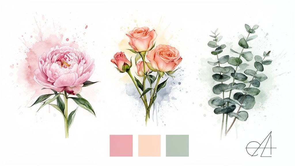 Watercolor illustrations of a pink peony, peach roses, and eucalyptus branches with a matching color palette.