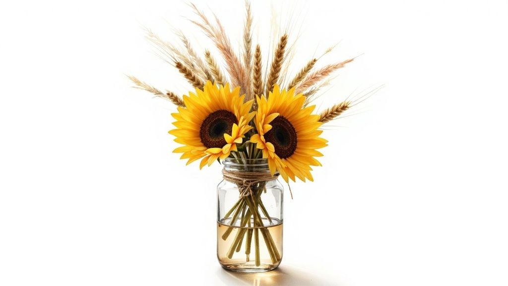 Rustic Sunflower and Wheat Centerpieces