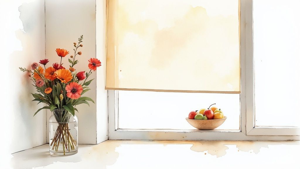 A beautiful floral bouquet sitting on a wooden table in a well-lit room, away from direct sunlight.