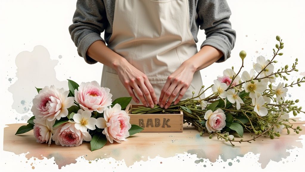 A florist carefully arranging a vibrant bouquet of flowers on a wooden table.