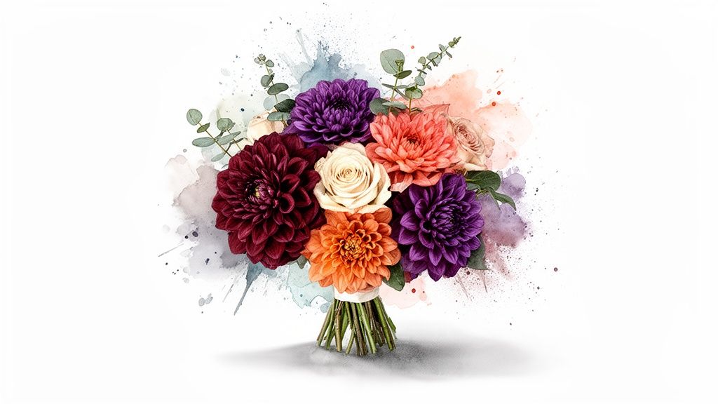A vibrant watercolor bouquet featuring burgundy, purple, and orange dahlias, a white rose, and eucalyptus.