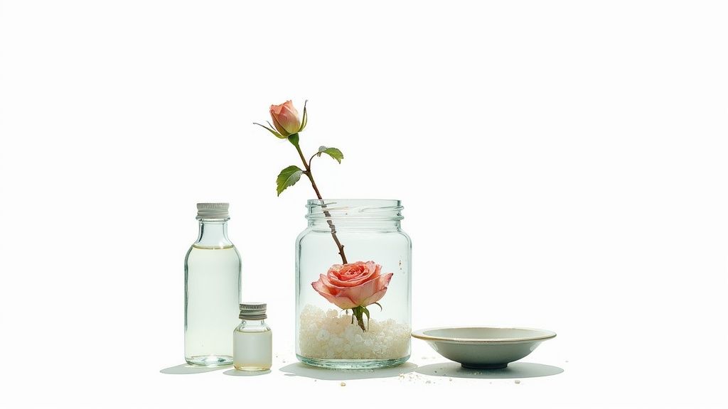 Still life of a rose in a jar with bath salts, essential oils, and a bowl.