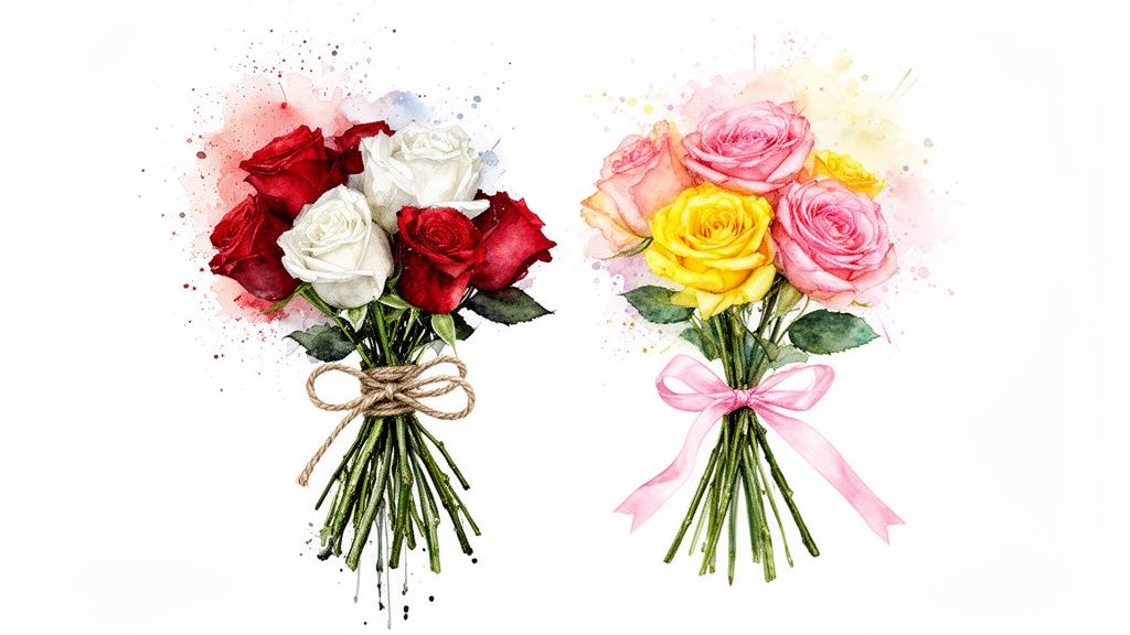 Watercolor illustration of two rose bouquets: red and white with twine, pink and yellow with ribbon.