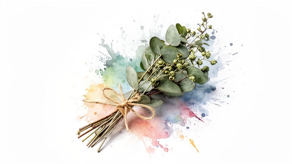 A rustic bouquet of eucalyptus branches with green leaves and buds, tied with twine, on a watercolor splash background.
