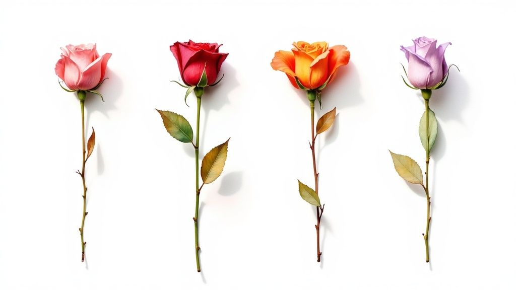 An artistic arrangement of pink, orange, and lavender roses