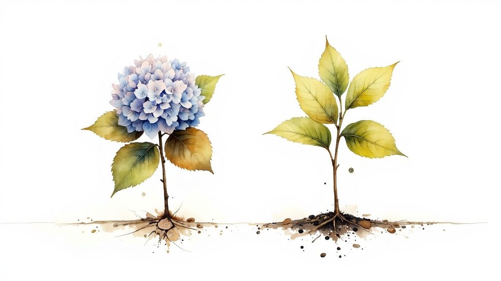Watercolor illustration comparing hydrangea plant with blooms and without blooms showing root systems
