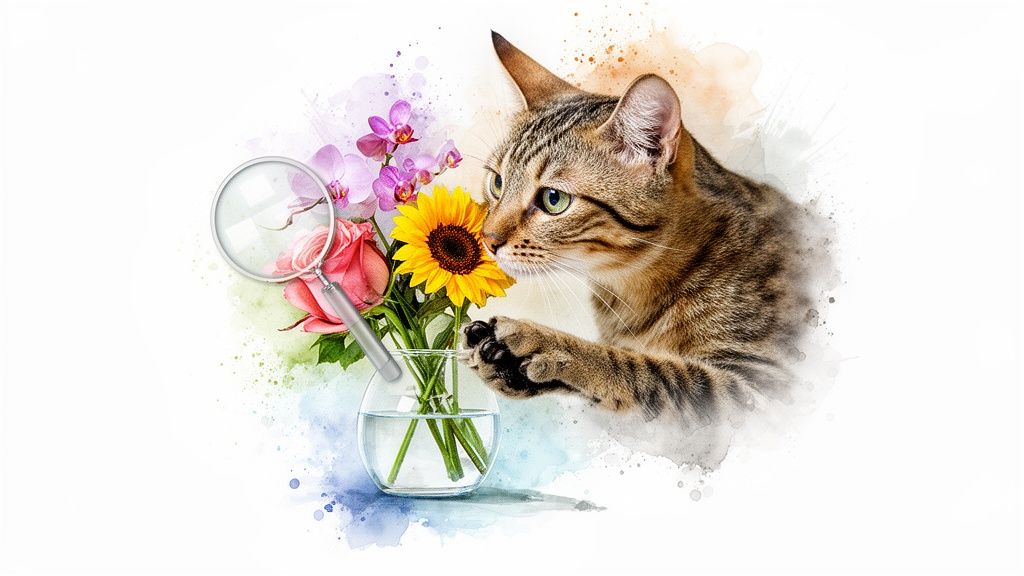 A curious tabby cat sniffs a colorful bouquet of flowers with a magnifying glass nearby.