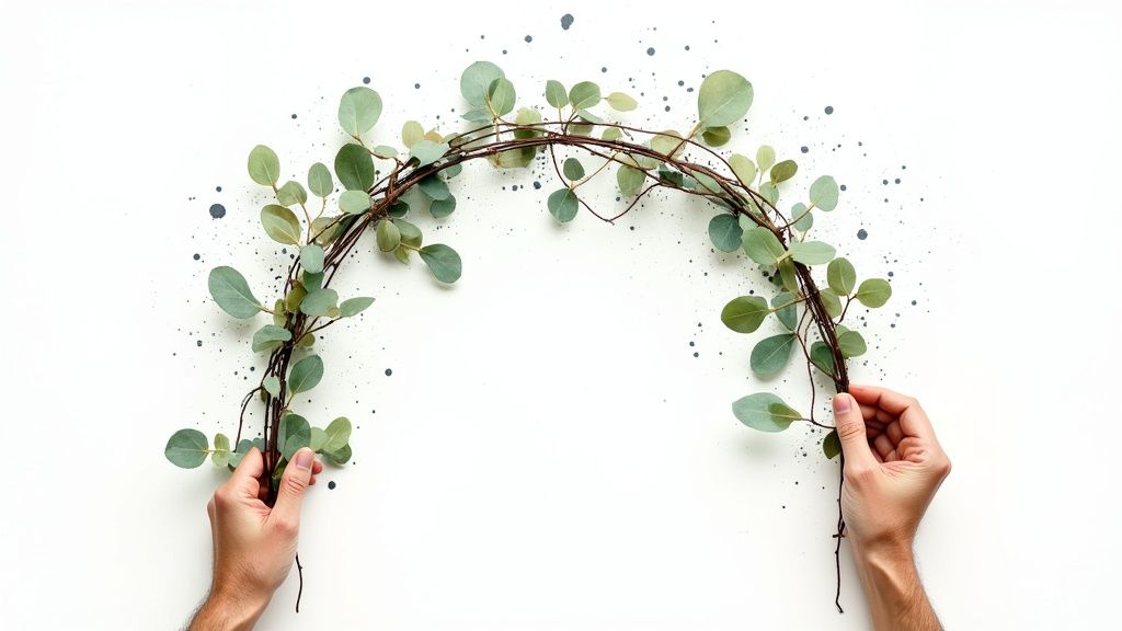 Two hands arrange a beautiful eucalyptus leaf garland into an arch on a white background.