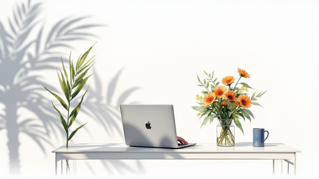 A minimalist workspace featuring a silver laptop, vibrant orange flowers, green plant, and a blue mug.