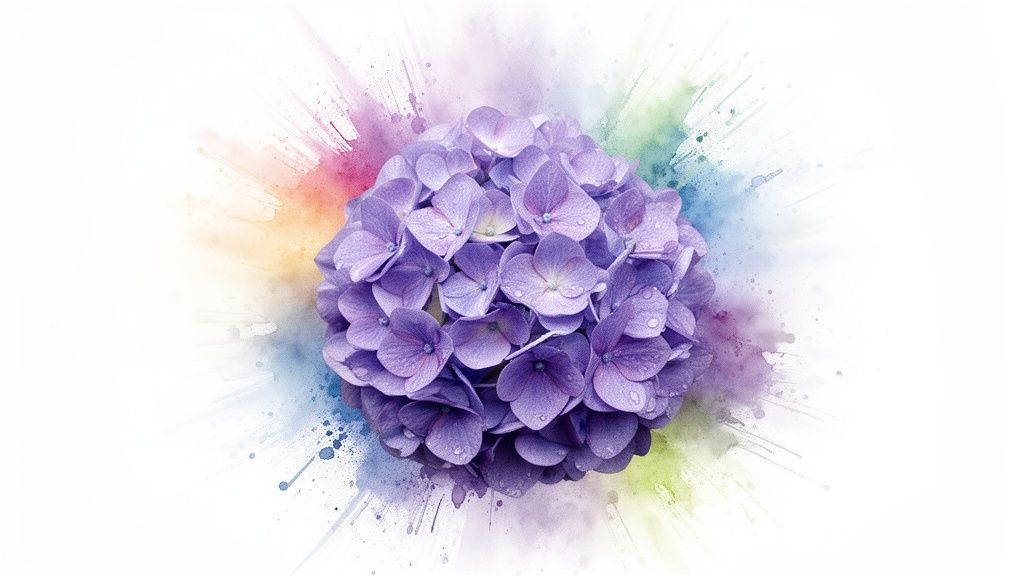A vibrant purple hydrangea flower with water droplets, surrounded by colorful watercolor splashes on a white background.