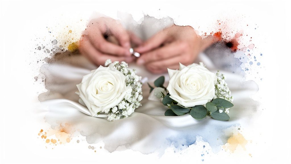 Two elegant white rose corsages and boutonnieres with baby's breath on satin, with hands holding a ring.