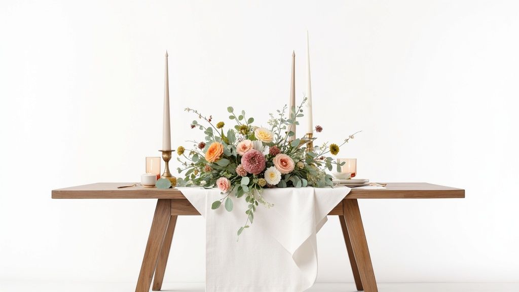 A beautiful table setting with a colorful floral centerpiece, elegant taper candles, and a white runner.