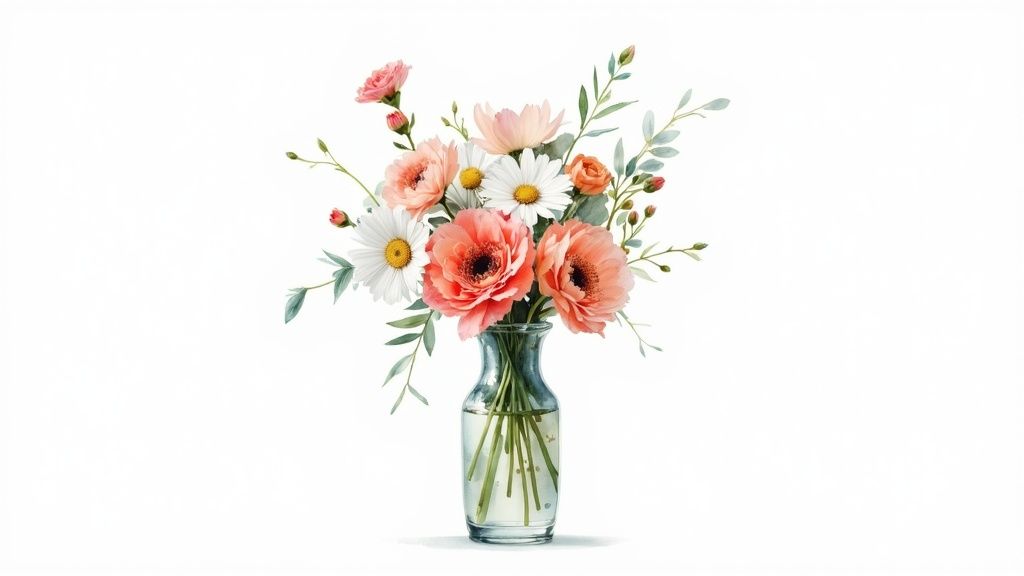 A close-up shot of a wedding centerpiece featuring carnations, alstroemeria, and daisies in soft pastel colors.