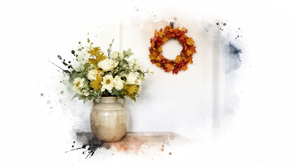 A watercolor painting of a fall scene with a vase of white flowers and an autumn leaf wreath.