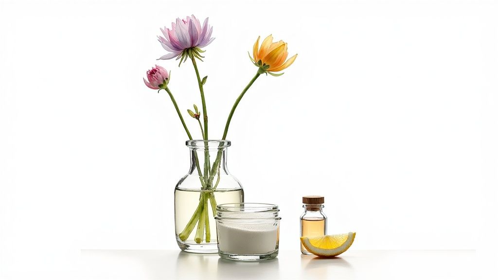 Close-up of a clear glass vase filled with fresh water and flower food being stirred in.
