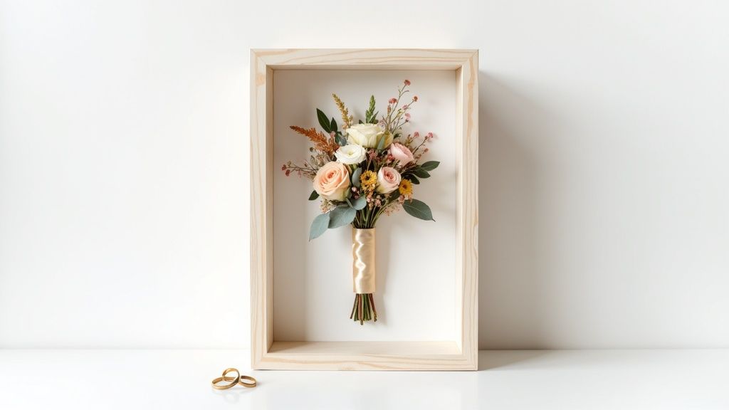 A preserved wedding bouquet with roses and eucalyptus in a light wood shadow box frame, next to gold rings.