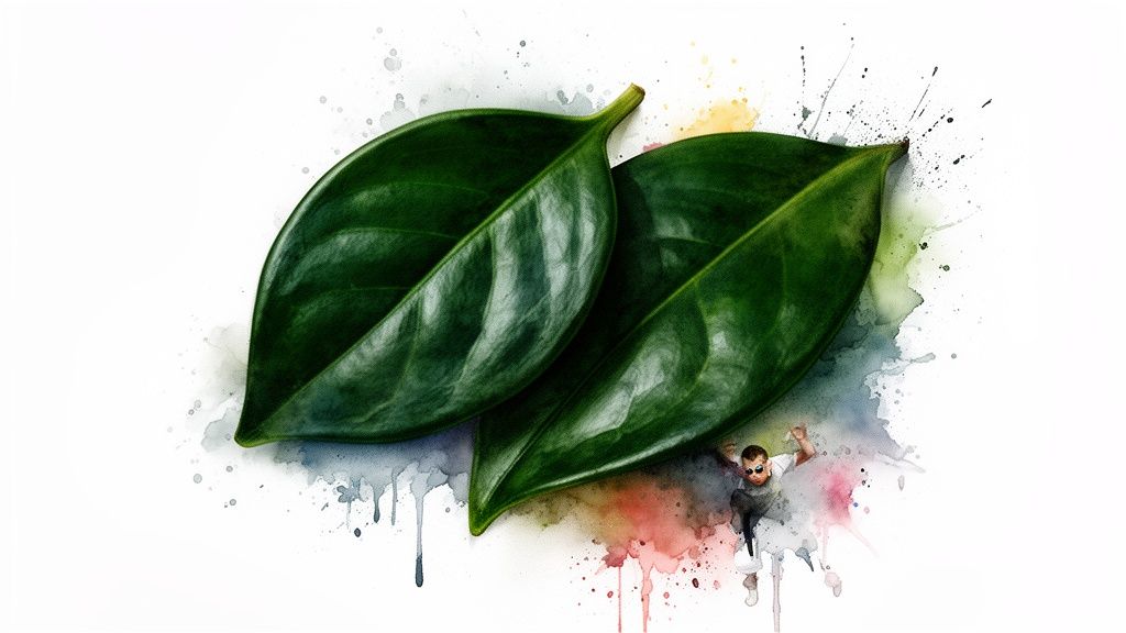 Two vibrant green leaves with artistic watercolor splashes and a small figure on a white background.